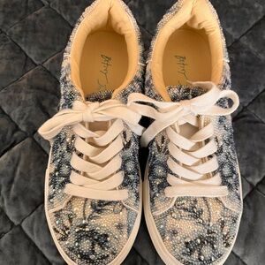 Betsey Johnson Blue and White Beaded Floral Lace-Up Sneakers